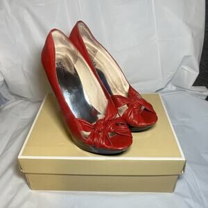 Michael Kors Womens Red Leather Twisted Knot Peep Toe Platform Heels Size 10M